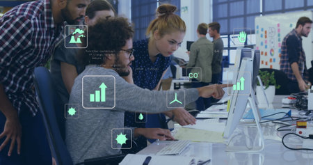 Image of eco icons and data processing over diverse business people in office. Global business,...