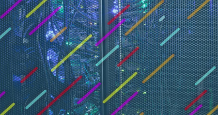 Image of multiple stripes moving diagonally over computer server. Global cloud computing, digital interface and data processing concept digitally generated image.の写真素材