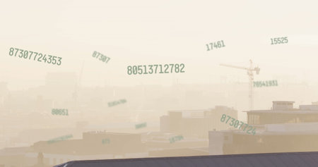 Image of multiple changing numbers floating against aerial view of cityscape. Computer interface and...