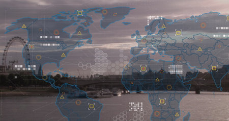 Image of world map and data processing against aerial view of sea and cityscape. Global networking and business technology conceptの写真素材