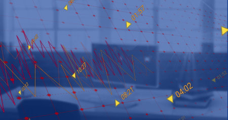 Image of data processing over grid network against office desk, copy space. Computer interface and...