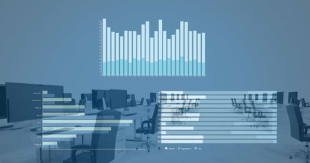 Image of scope scanning and data processing over cityscape. Global business finances connections and digital interface concept digitally generated image.の写真素材