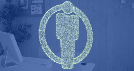 Image of people icon and scope over computer in office, copy space. Global connections, business, finance, digital interface, computing and data processing concept digitally generated imageの写真素材