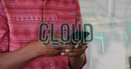 Image of cloud text banner and icon and light trails over mid section of a man using smartphone....