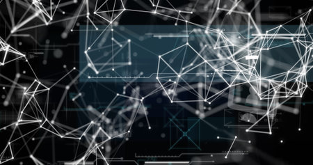Image of data processing and shapes over network of connections with icons. Global business and digital interface concept digitally generated image.の写真素材