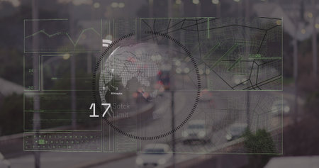Image of globe and data processing over cityscape, copy space. Global business, finances, computing and data processing concept digitally generated imageの写真素材