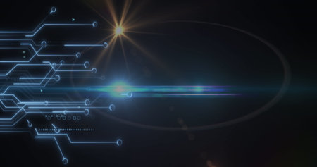 Image of microprocessor connections and lens flare against black background. Computer interface and...