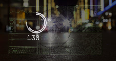 Image of globe and data processing over road traffic in city, copy space. Global business, finances, computing and data processing concept digitally generated imageの写真素材