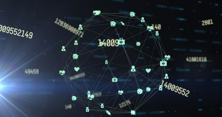 A digital interface and globe with medical icons, representing global connections and data...