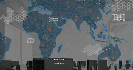 Image of data processing and statistics with world map over offcie. Global business, finances,...