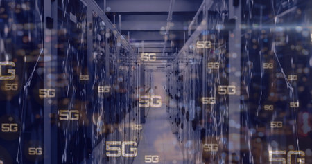 Image of 5g text and data processing over computer servers, copy space. Global connections,...