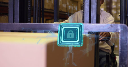 Image of padlock icon over african american male worker using turret truck in warehouse. Global business, delivery and digital interface concept digitally generated image.の写真素材