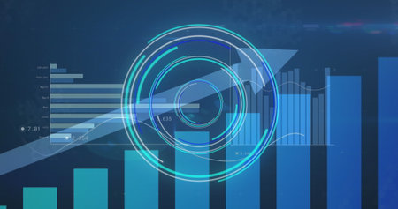 Image of data processing over scope scanning. Global business and digital interface concept digitally generated image.の写真素材