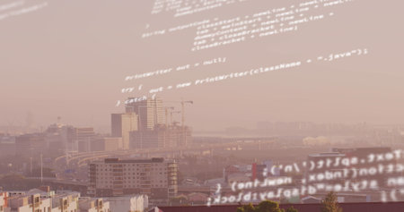 Image of data processing against aerial view of cityscape. Computer interface and business technology conceptの写真素材