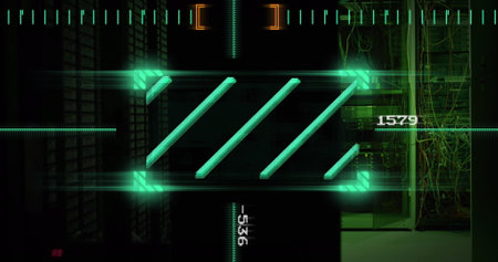 Image of lines in viewfinder with changing numbers over illuminated server rack in server room....