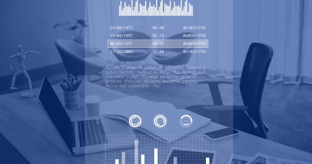 Image of financial data processing over office, copy space. Global business, finances, computing and...