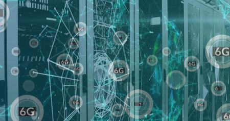 Image of shapes and 6g texts over server room, copy space. Global business and digital interface concept, digitally generated imageの写真素材