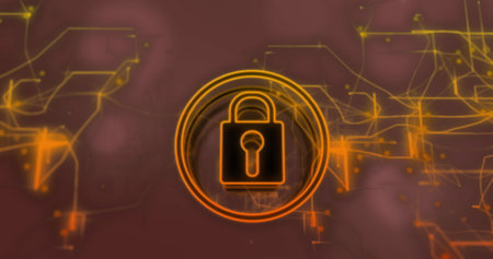 Image of security padlock icon and yellow light trails against spots of light on pink background....