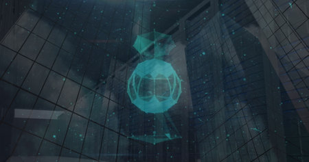 Image of shapes and globe over data processing and cityscape, copy space. Global business and...