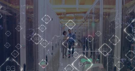 Image of shapes and 6g texts over caucasian workers in server room, copy space. Global business and...