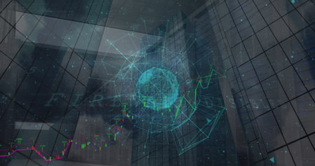 Image of shapes and globe over data processing and cityscape, copy space. Global business and...