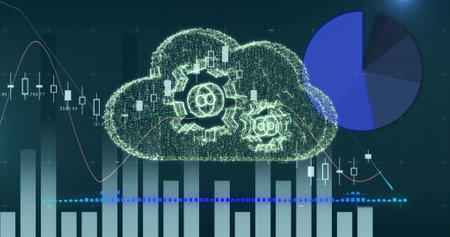 Image of financial data processing over digital cloud. Global business, finances, cloud computing and data processing concept digitally generated image.の写真素材