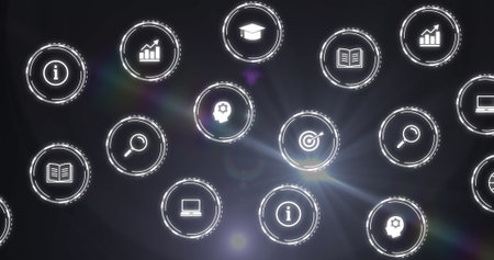 Image of multiple digital icons over rainbow lens flare against purple background. Computer interface and business technology conceptの写真素材