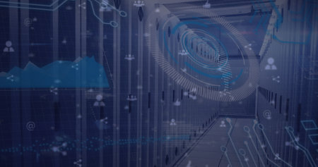 Image of scope scanning and globe with icons over server room, copy space. Global business and...