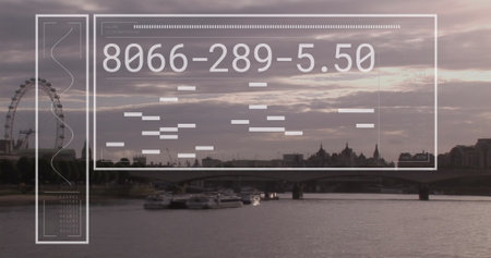 Image of statistics and data processing over london cityscape. Global connections, computing and...