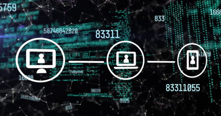 Image of data processing over network of connections with icons. Global business and digital interface concept digitally generated image.の写真素材