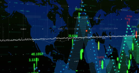 Image of financial data processing over world map, copy space. Global business, finances, computing...