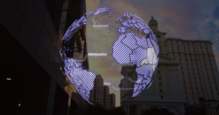 Image of globe and data processing over cityscape, copy space. Global business, finances, computing and data processing concept digitally generated imageの写真素材