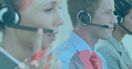 Image of statistics and data processing over diverse business people using phone headsets. global business, connections and data processing concept digitally generated image.の写真素材