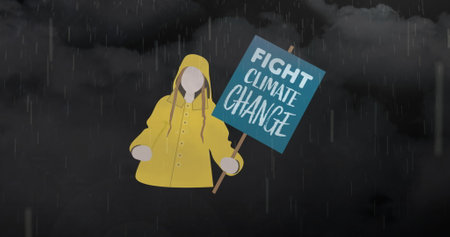 Image of fight climate change text over rain and clouds. global environment, green energy and digital interface concept digitally generated image.の写真素材