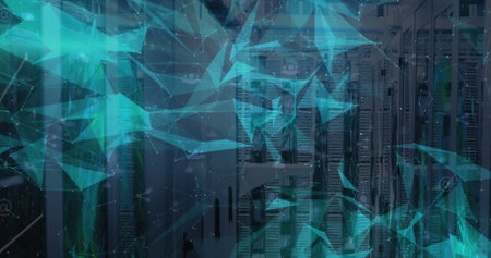 Image of shapes and 6g texts over server room, copy space. Global business and digital interface...