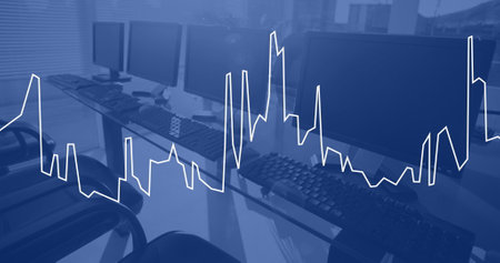 Image of data processing over computers in office, copy space. Global sports, competition, business,...