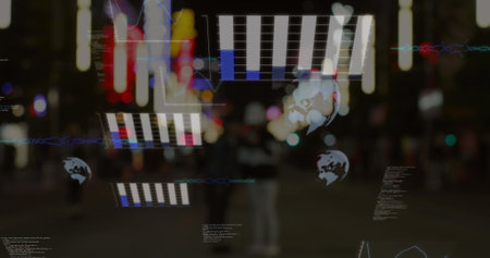 Image of globes and data processing over road traffic in city, copy space. Global business, finances, computing and data processing concept digitally generated imageの写真素材