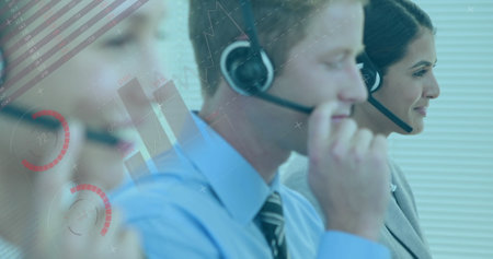 Image of statistics and data processing over diverse business people using phone headsets. global business, connections and data processing concept digitally generated image.の写真素材