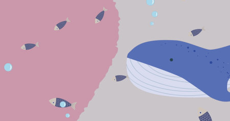 Image of fishes and whale on pink background. global environment, green energy and digital interface concept digitally generated image.の写真素材