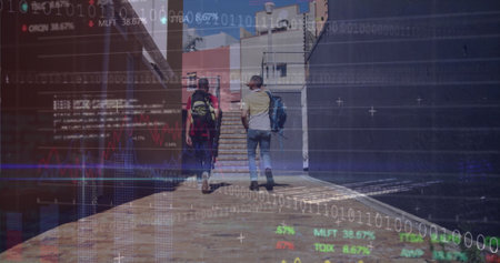 Image of binary coding and data processing over men walking in street. Global business, finances, computing and data processing concept digitally generated image.の写真素材
