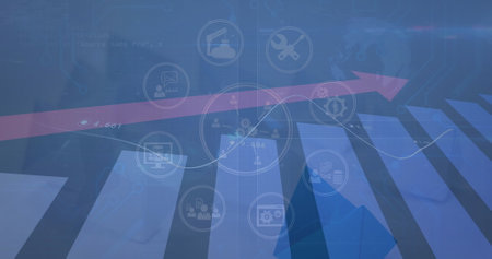 Image of network of digital icons and statistical data processing against blue background. Global networking and business data technology conceptの写真素材