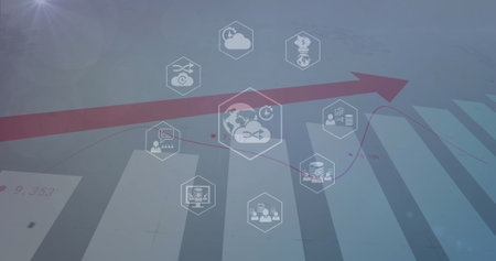 Image of icon in hexagons over bar graphs with numbers and red arrow. Digitally generated, hologram,...