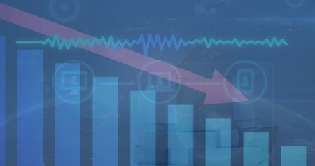 Image of network of digital icons and statistical data processing against blue background. Global networking and business data technology conceptの写真素材