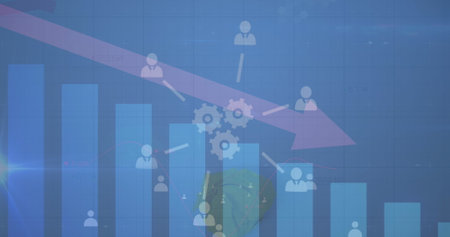Image of network of digital icons and statistical data processing against blue background. Global...