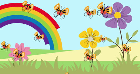 Image of butterflies flying and flowers over rainbow on blue background. Spring and nature concept digitally generated image.の写真素材