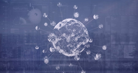 Image of profile icons around globe and hud interface against modern cityscape. Digital composite, multiple exposure, globalization, building, telecommunications, building, technology concept.の写真素材