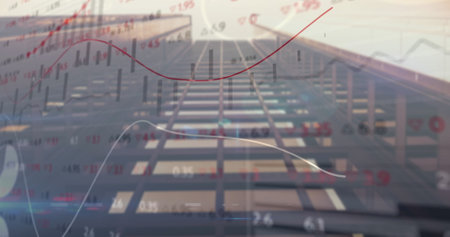 Image of stock market data processing against low angle view of a tall building. Global economy and...