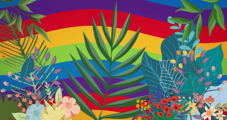 Image of leaves, pants and flowers over rainbow background. Spring and nature concept digitally generated image.の写真素材
