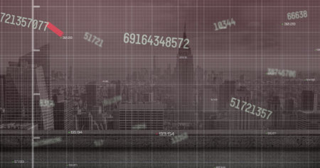 Image of changing numbers floating over data processing against aerial view of cityscape. Computer interface and business data technology conceptの写真素材