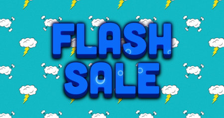Image of flash sale text over multicolored circular pattern against clouds and lightning. Digitally generated, hologram, discount, marketing, advertisement, illustration and technology concept.の写真素材